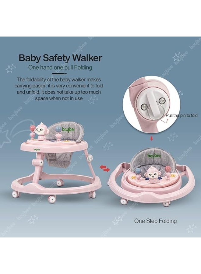 Baybee Drono Baby Walker for Kids with 4-Level Height Adjustment, Foldable Design, Food Tray & Musical Toy Bar | Round Activity Walker for Babies 6–18 Months (Pink) - Image 4